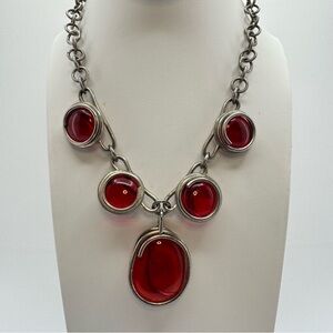 Silver Tone Red Glass Cabochon Statement Necklace 17” Artisan Style